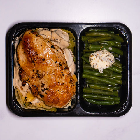 Farfale Pasta with Cream Mushroom Sauce, Chicken Breast, and Green Beans