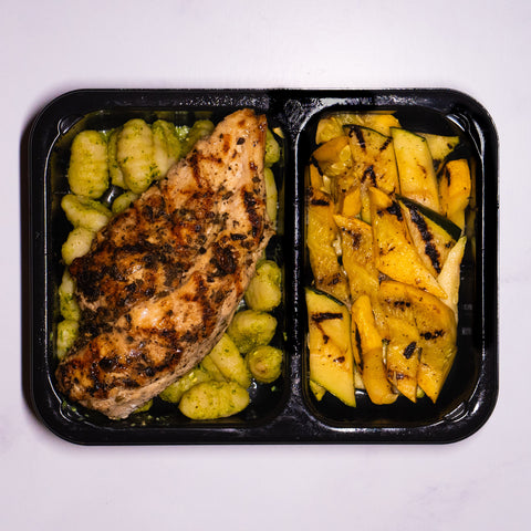 Grilled Herb-Chicken with Gnocchi, Pesto Sauce, Zucchini, and Yellow Squash