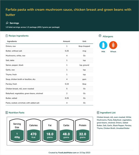 Farfale Pasta with Cream Mushroom Sauce, Chicken Breast, and Green Beans