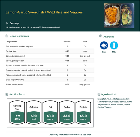 Lemon-Garlic Swordfish with Mashed Potato and Veggies