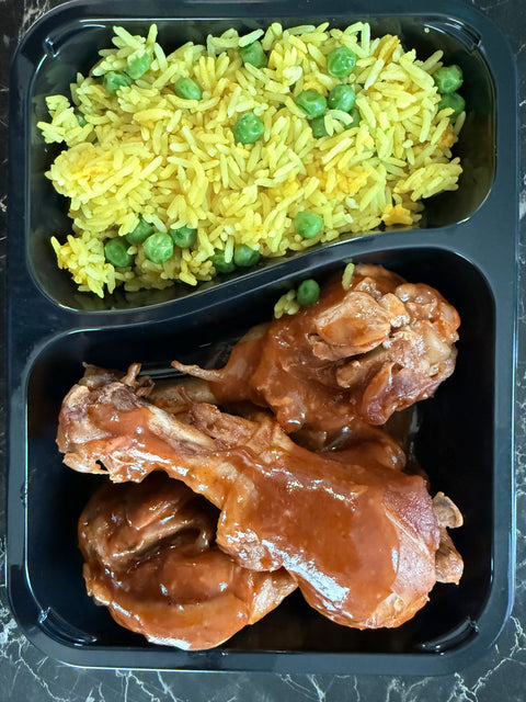 BBQ Chicken Drumstick with rice and peas